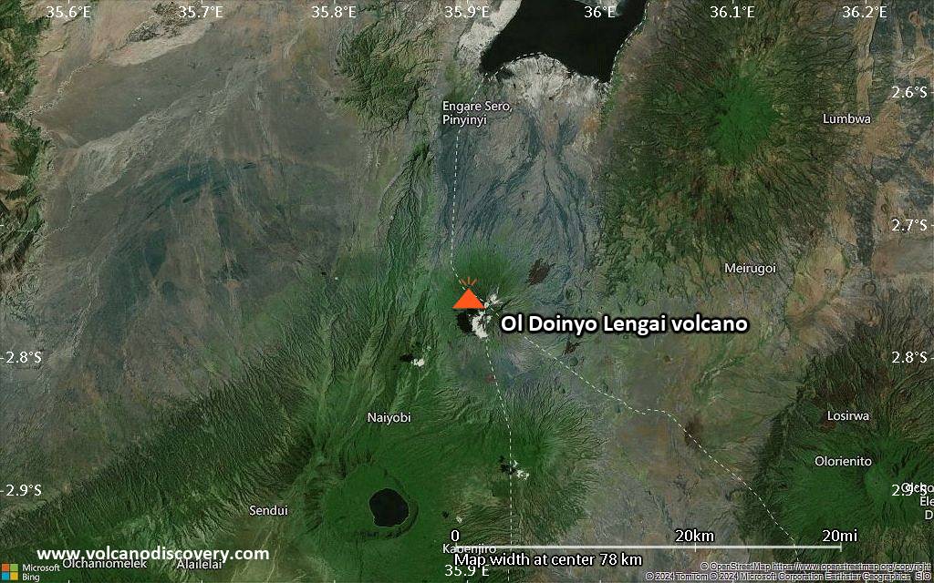 Satellite/aerial-type map of Ol Doinyo Lengai volcano (scale of 10s of km)