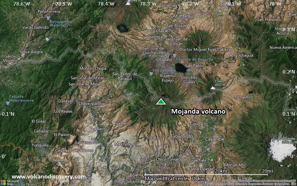 Satellite/aerial-type map of Mojanda volcano (scale of 10s of km)