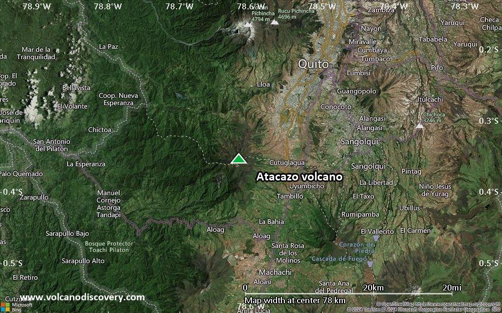 Satellite/aerial-type map of Atacazo volcano (scale of 10s of km)