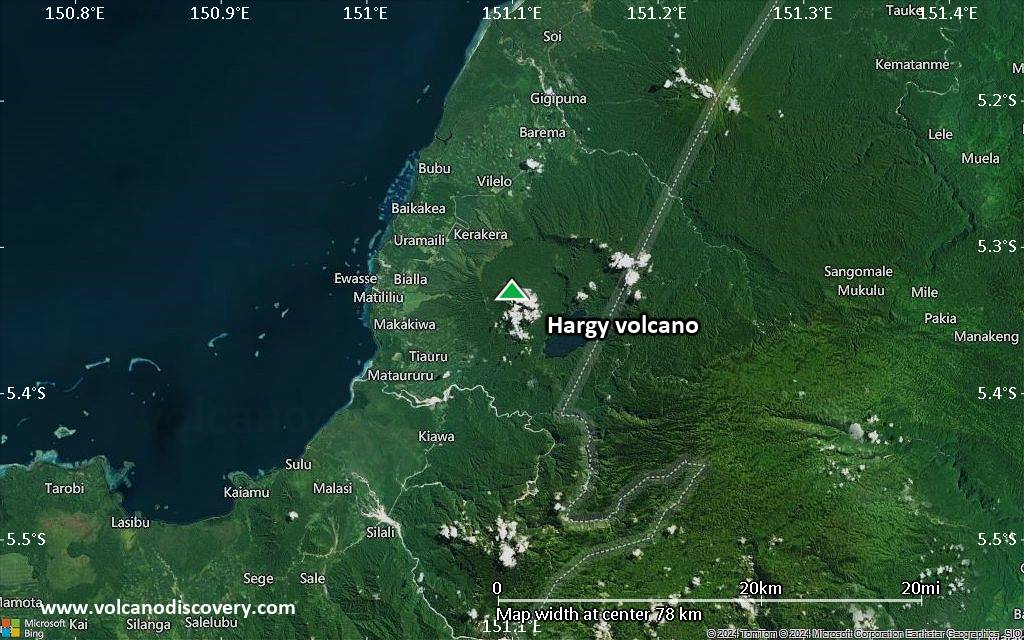 Satellite/aerial-type map of Hargy volcano (scale of 10s of km)