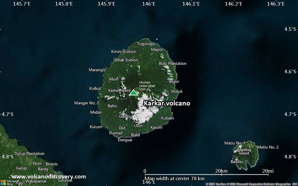 Satellite/aerial-type map of Karkar volcano (scale of 10s of km)