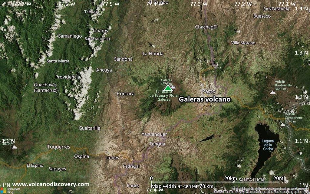 Satellite/aerial-type map of Galeras volcano (scale of 10s of km)