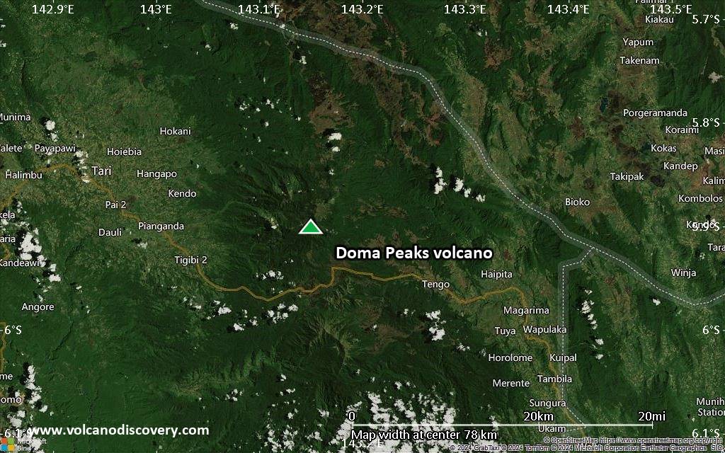 Satellite/aerial-type map of Doma Peaks volcano (scale of 10s of km)