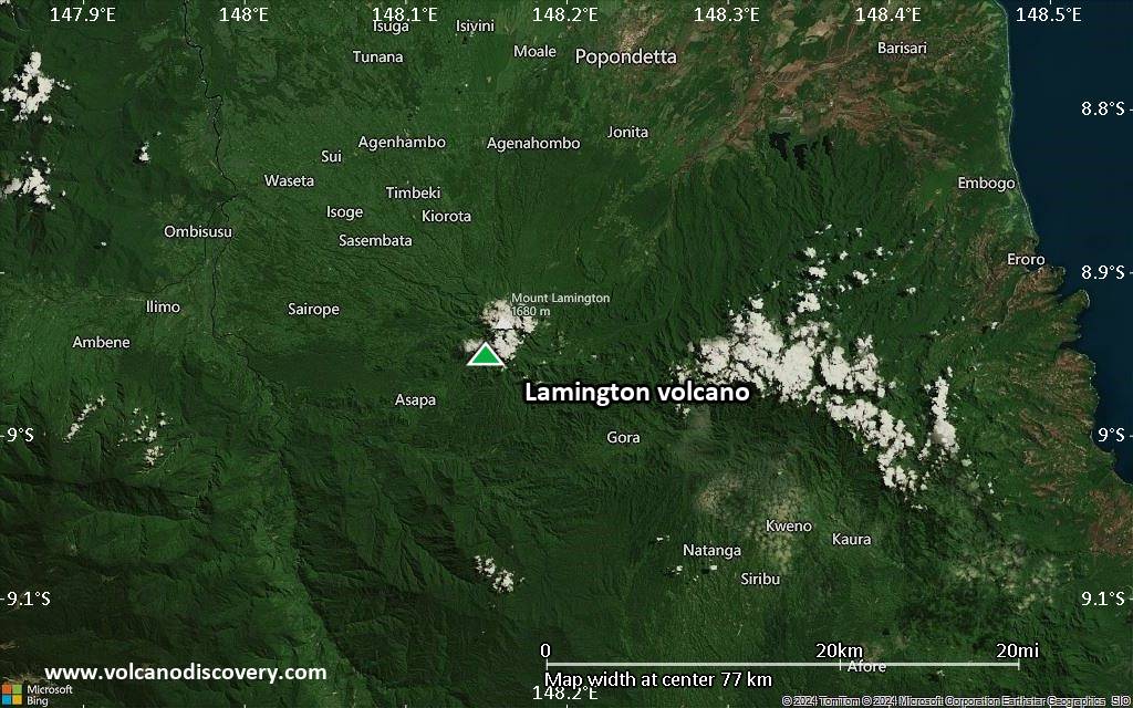 Satellite/aerial-type map of Lamington volcano (scale of 10s of km)
