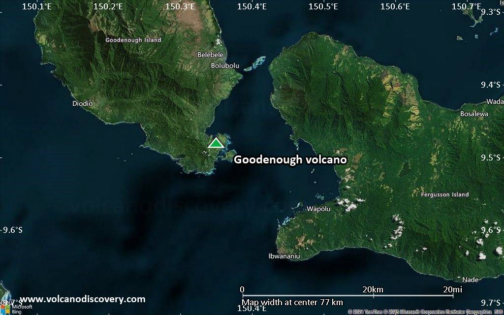 Satellite/aerial-type map of Goodenough volcano (scale of 10s of km)
