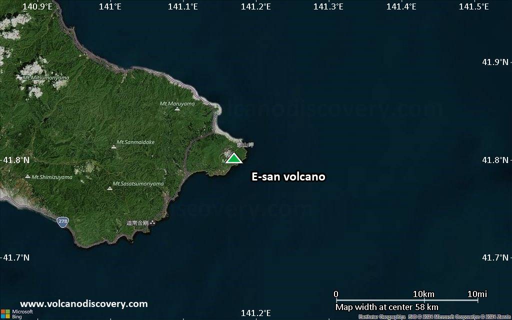 Satellite/aerial-type map of E-san volcano (scale of 10s of km)