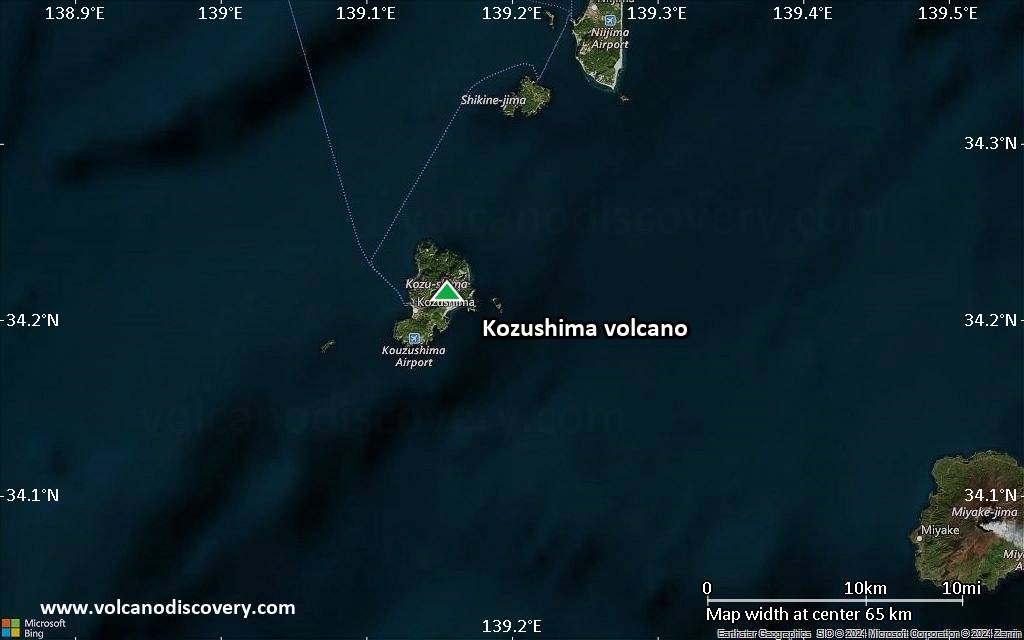 Satellite/aerial-type map of Kozushima volcano (scale of 10s of km)