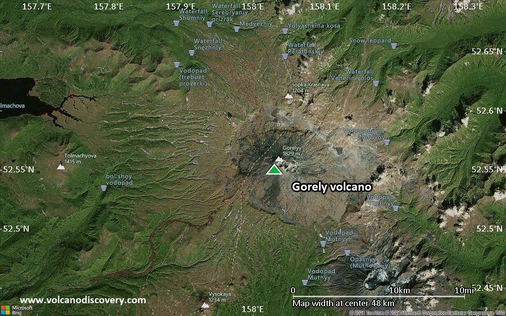 Satellite/aerial-type map of Gorely volcano (scale of 10s of km)