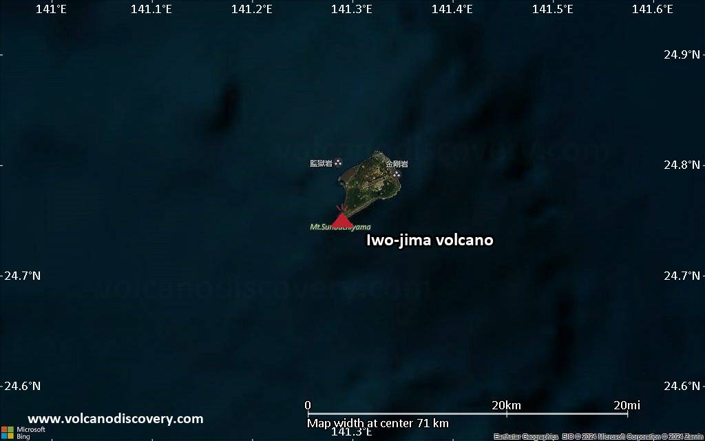 Satellite/aerial-type map of Iwo-jima volcano (scale of 10s of km)