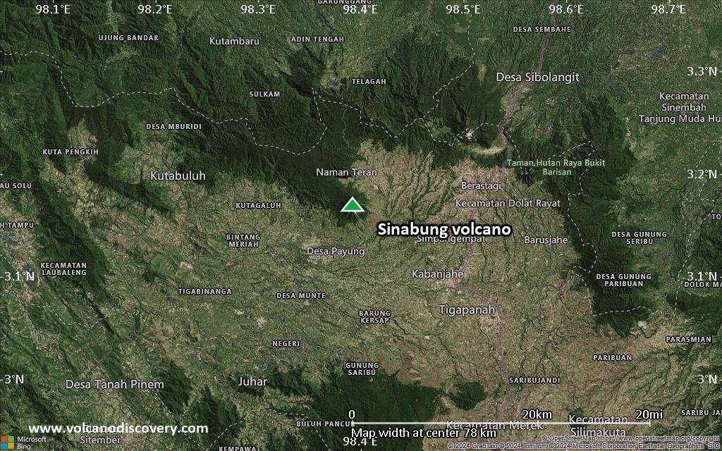Satellite/aerial-type map of Sinabung volcano (scale of 10s of km)