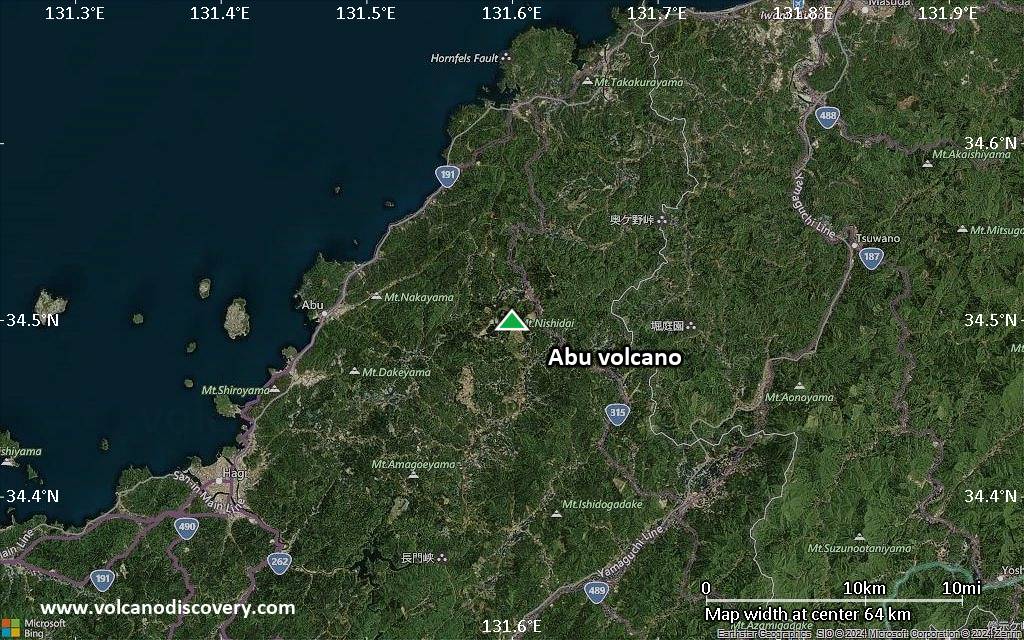 Satellite/aerial-type map of Abu volcano (scale of 10s of km)