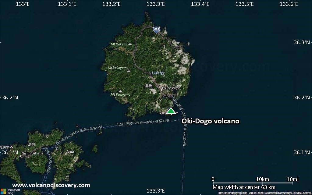 Satellite/aerial-type map of Oki-Dogo volcano (scale of 10s of km)