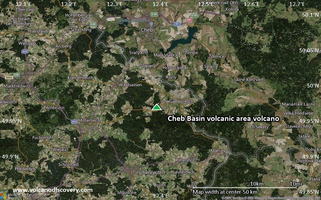 Satellite/aerial-type map of Cheb Basin volcanic area volcano (scale of 10s of km)