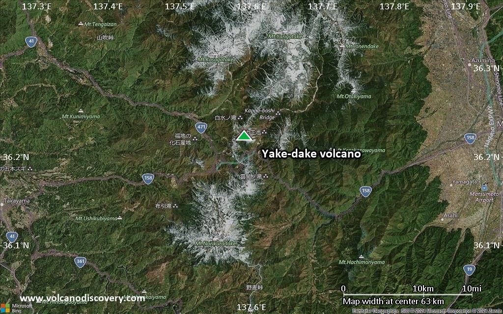 Satellite/aerial-type map of Yake-dake volcano (scale of 10s of km)
