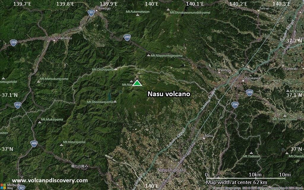Satellite/aerial-type map of Nasu volcano (scale of 10s of km)