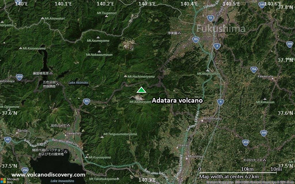 Satellite/aerial-type map of Adatara volcano (scale of 10s of km)