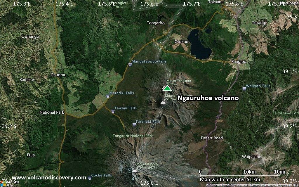 Satellite/aerial-type map of Ngauruhoe volcano (scale of 10s of km)