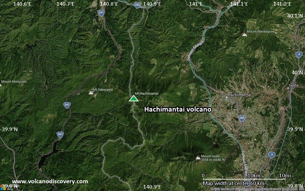 Satellite/aerial-type map of Hachimantai volcano (scale of 10s of km)