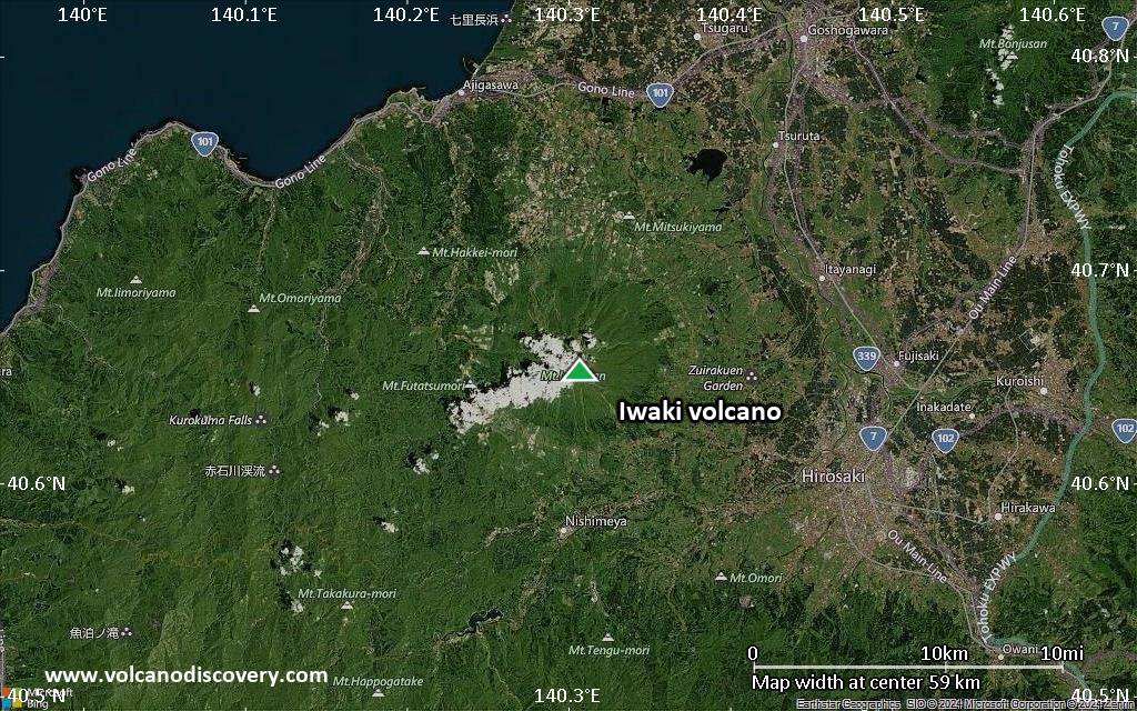 Satellite/aerial-type map of Iwaki volcano (scale of 10s of km)