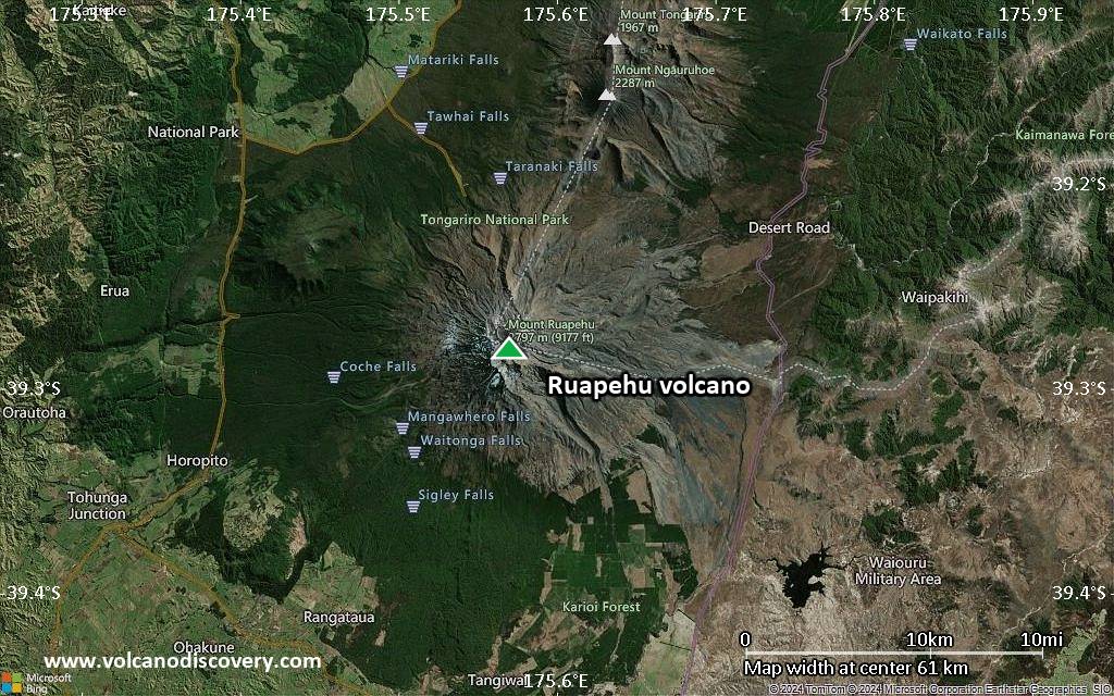 Satellite/aerial-type map of Ruapehu volcano (scale of 10s of km)