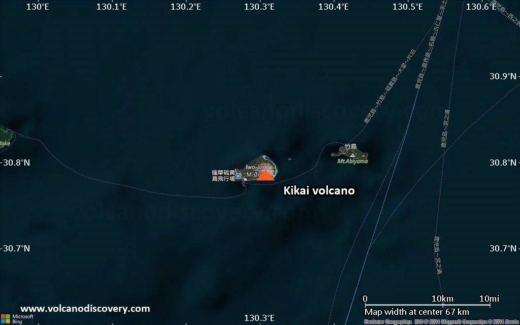 Satellite/aerial-type map of Kikai volcano (scale of 10s of km)