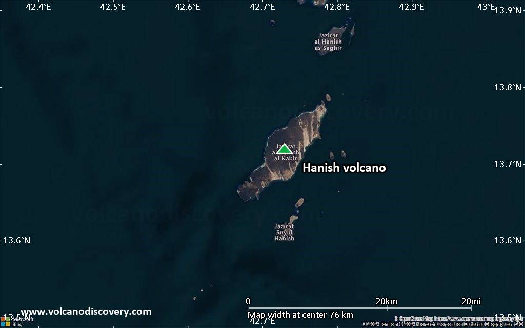 Satellite/aerial-type map of Hanish volcano (scale of 10s of km)
