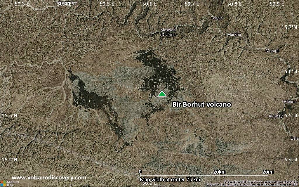 Satellite/aerial-type map of Bir Borhut volcano (scale of 10s of km)