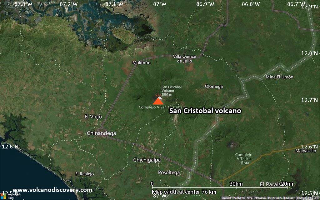 Satellite/aerial-type map of San Cristobal volcano (scale of 10s of km)