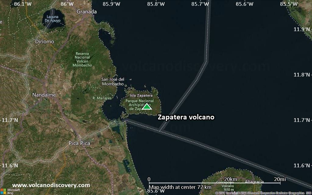 Satellite/aerial-type map of Zapatera volcano (scale of 10s of km)