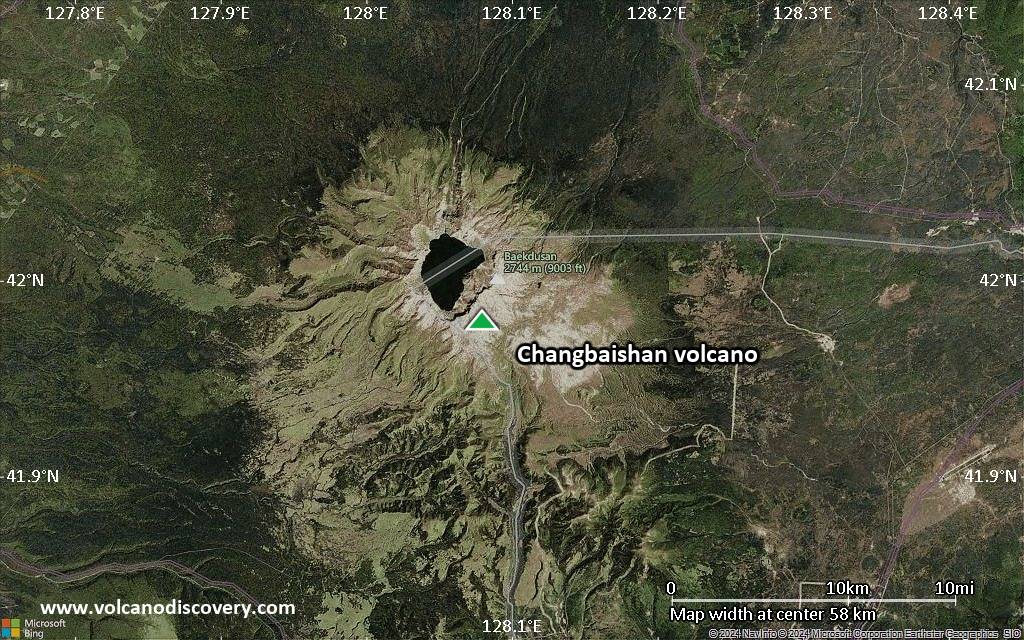 Satellite/aerial-type map of Changbaishan volcano (scale of 10s of km)