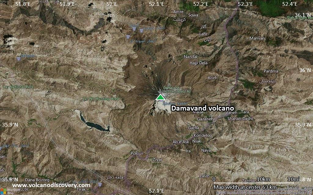 Satellite/aerial-type map of Damavand volcano (scale of 10s of km)