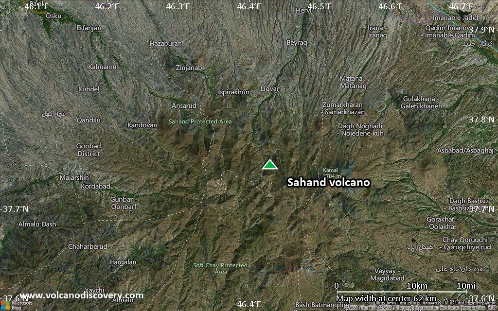 Satellite/aerial-type map of Sahand volcano (scale of 10s of km)