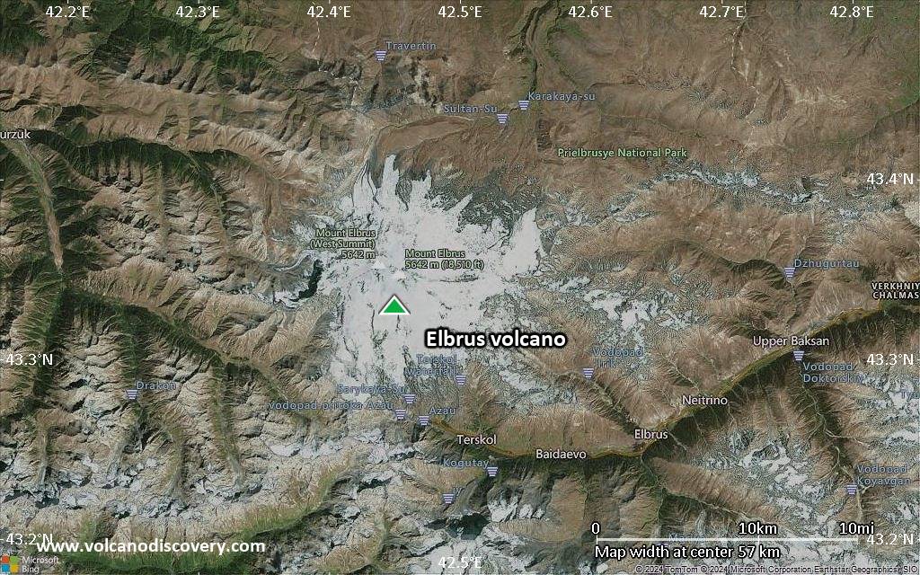 Satellite/aerial-type map of Elbrus volcano (scale of 10s of km)