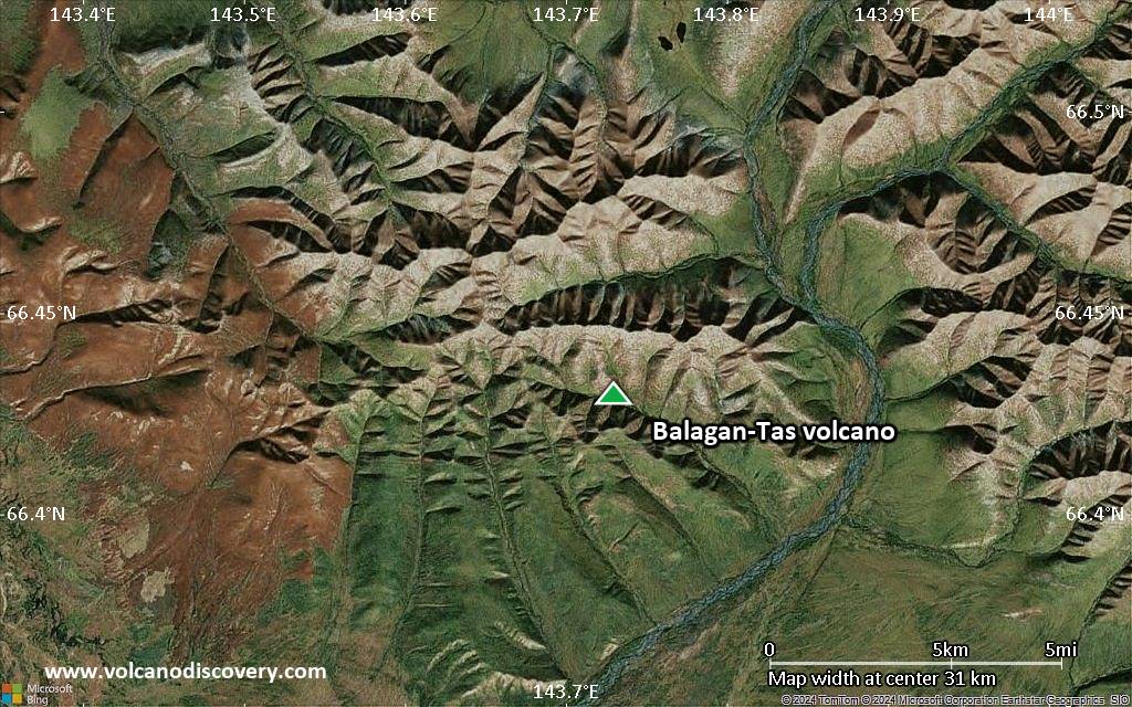 Satellite/aerial-type map of Balagan-Tas volcano (scale of 10s of km)