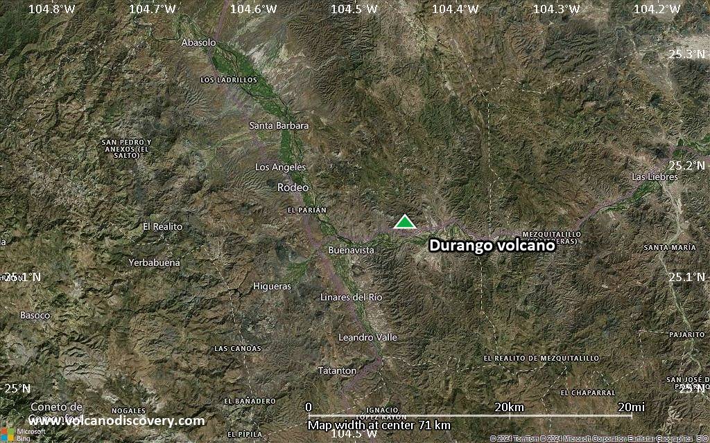 Satellite/aerial-type map of Durango volcano (scale of 10s of km)