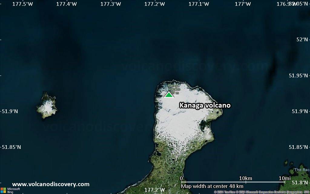 Satellite/aerial-type map of Kanaga volcano (scale of 10s of km)
