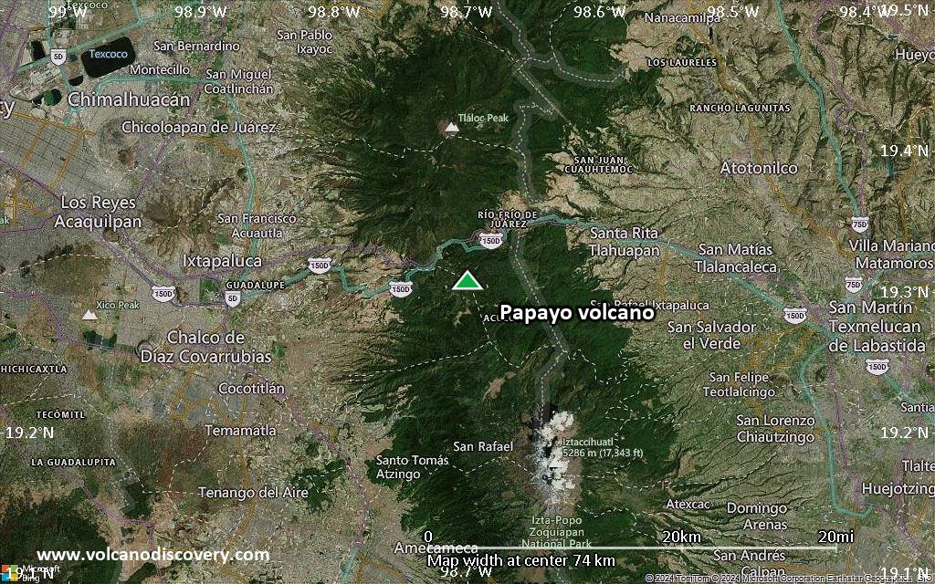 Satellite/aerial-type map of Papayo volcano (scale of 10s of km)
