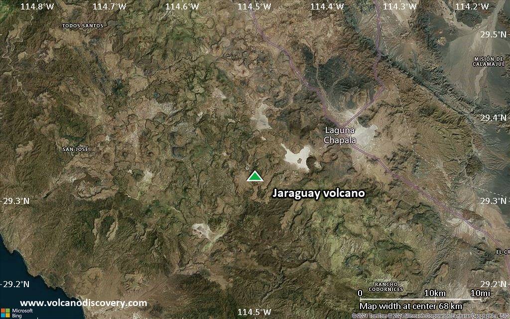 Satellite/aerial-type map of Jaraguay volcano (scale of 10s of km)
