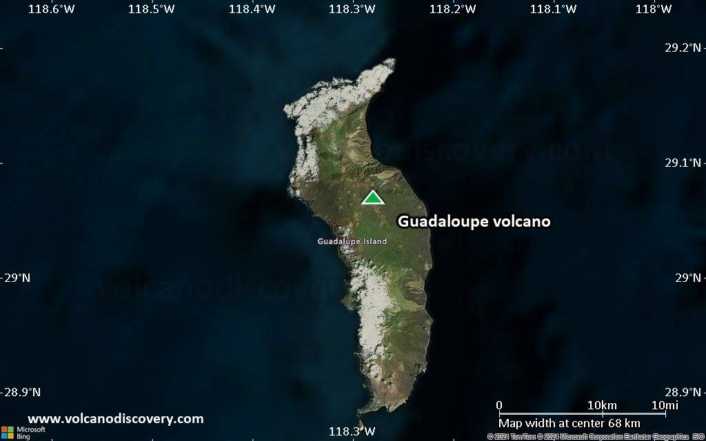 Satellite/aerial-type map of Guadaloupe volcano (scale of 10s of km)