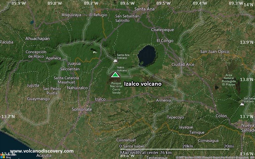 Satellite/aerial-type map of Izalco volcano (scale of 10s of km)