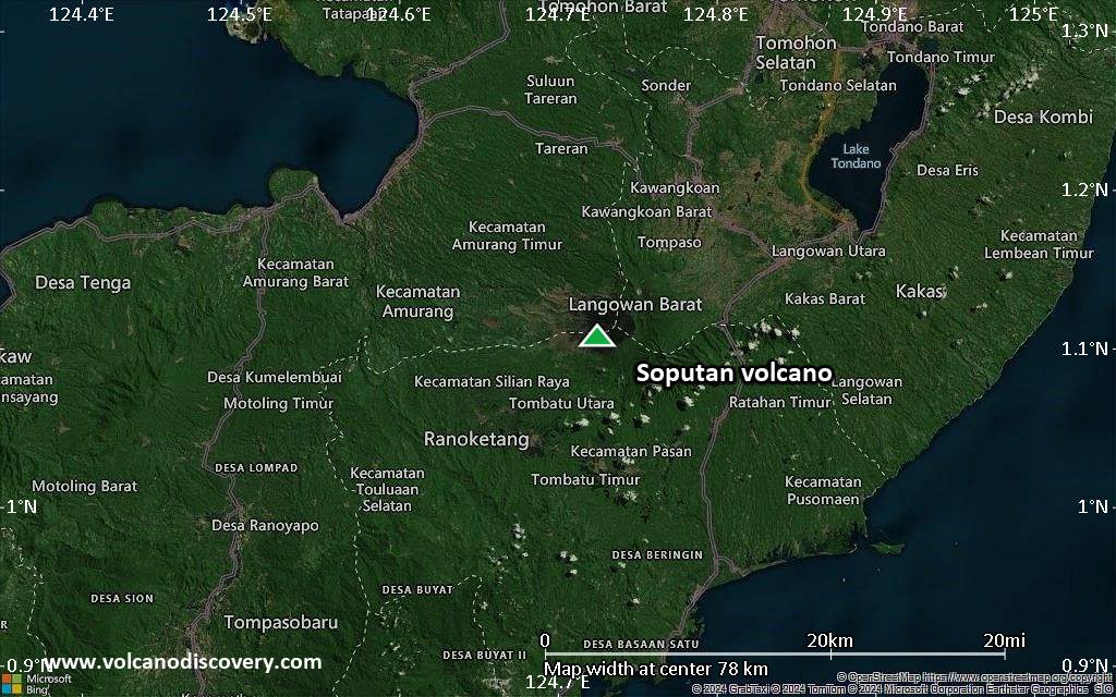 Satellite/aerial-type map of Soputan volcano (scale of 10s of km)