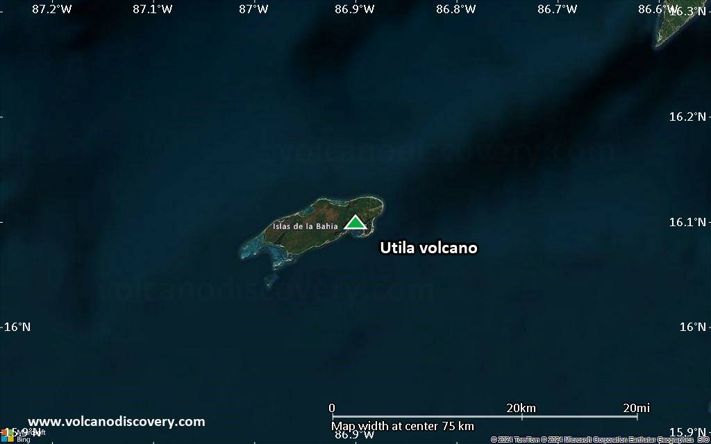Satellite/aerial-type map of Utila volcano (scale of 10s of km)