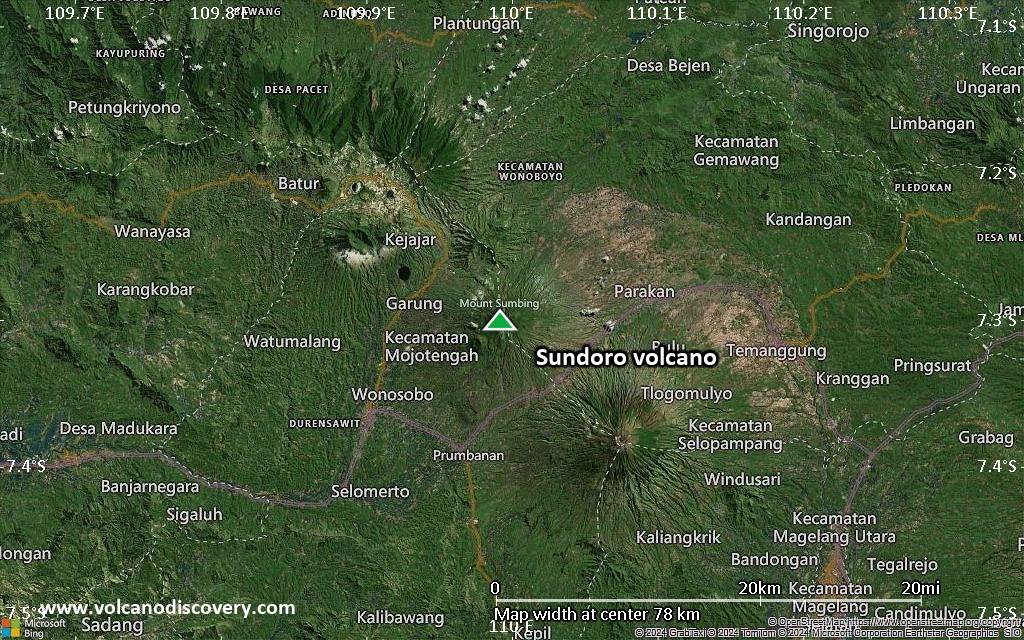 Satellite/aerial-type map of Sundoro volcano (scale of 10s of km)