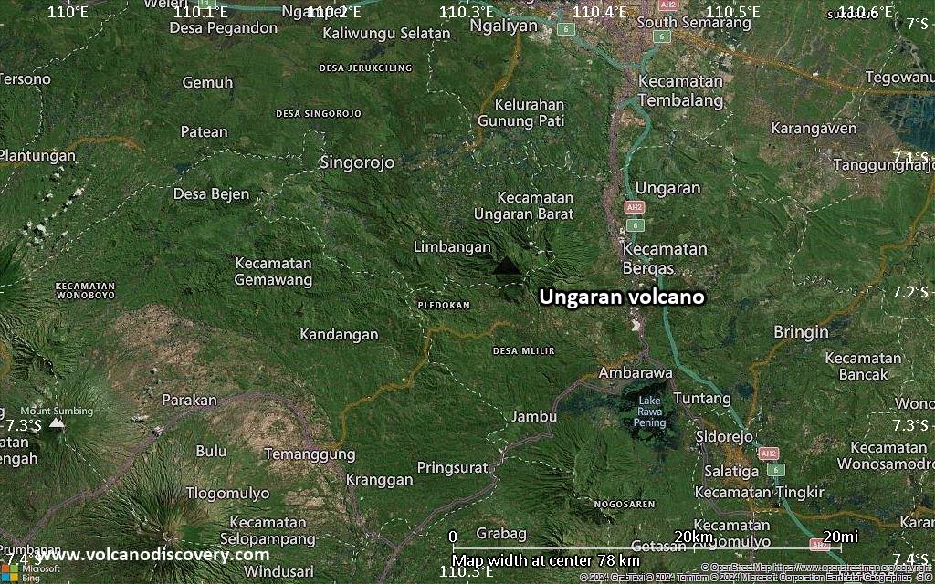Satellite/aerial-type map of Ungaran volcano (scale of 10s of km)