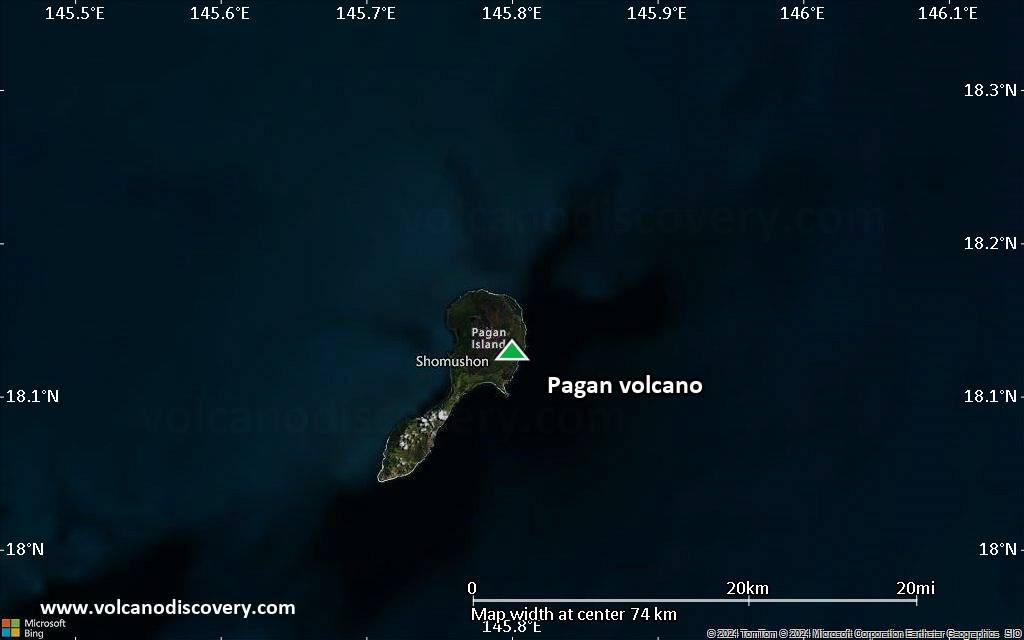 Satellite/aerial-type map of Pagan volcano (scale of 10s of km)