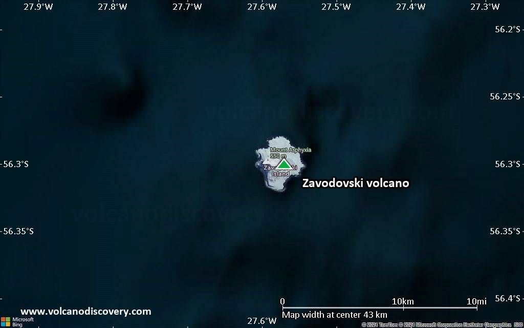 Satellite/aerial-type map of Zavodovski volcano (scale of 10s of km)