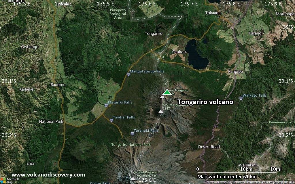 Satellite/aerial-type map of Tongariro volcano (scale of 10s of km)