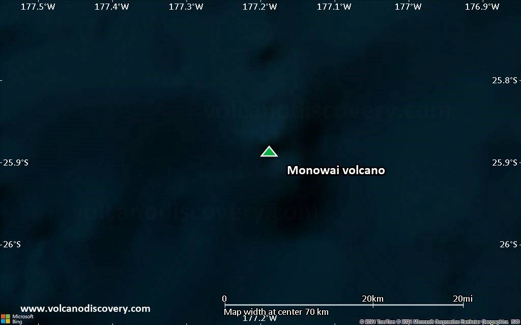 Satellite/aerial-type map of Monowai volcano (scale of 10s of km)
