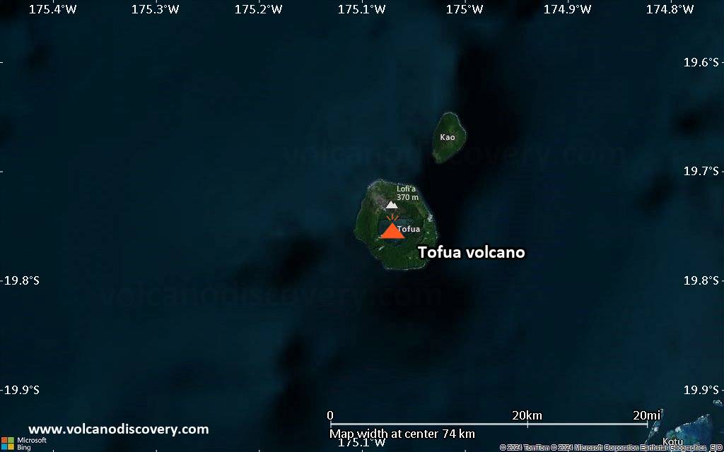 Satellite/aerial-type map of Tofua volcano (scale of 10s of km)