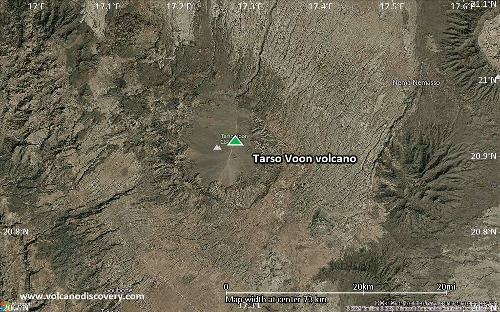 Satellite/aerial-type map of Tarso Voon volcano (scale of 10s of km)